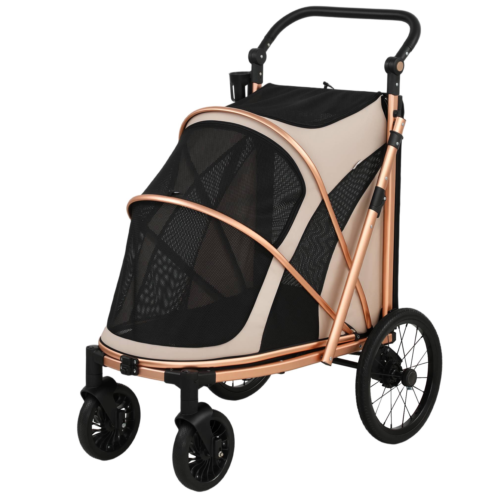 Poussette pliable pour chien jusqu'à 20 kg avec grandes roues, suspension et frein, fenêtres en filet, coussin marron clair - Image 2
