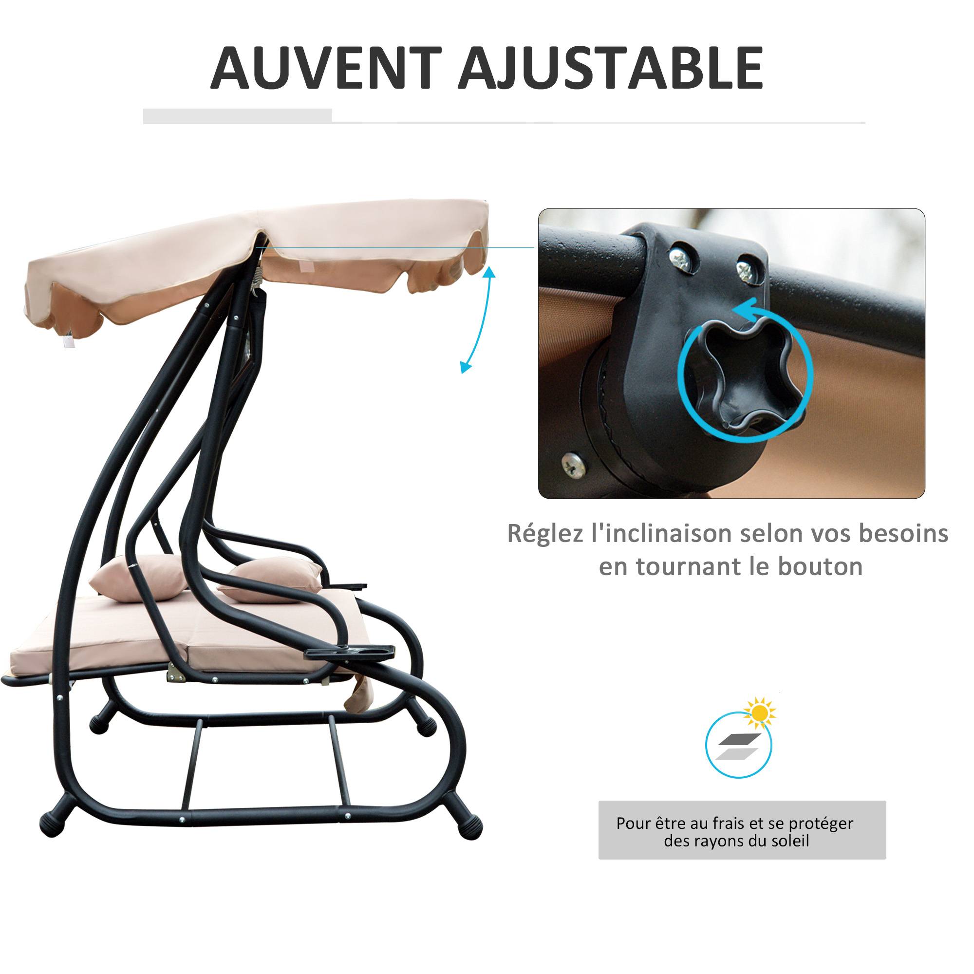 Outsunny - Balancelle de jardin convertible 3 places inclinaison toit réglable 2 tablettes + matelas 2L x 1,2l x 1,64H m métal époxy noir polyester beige - Imagen 5