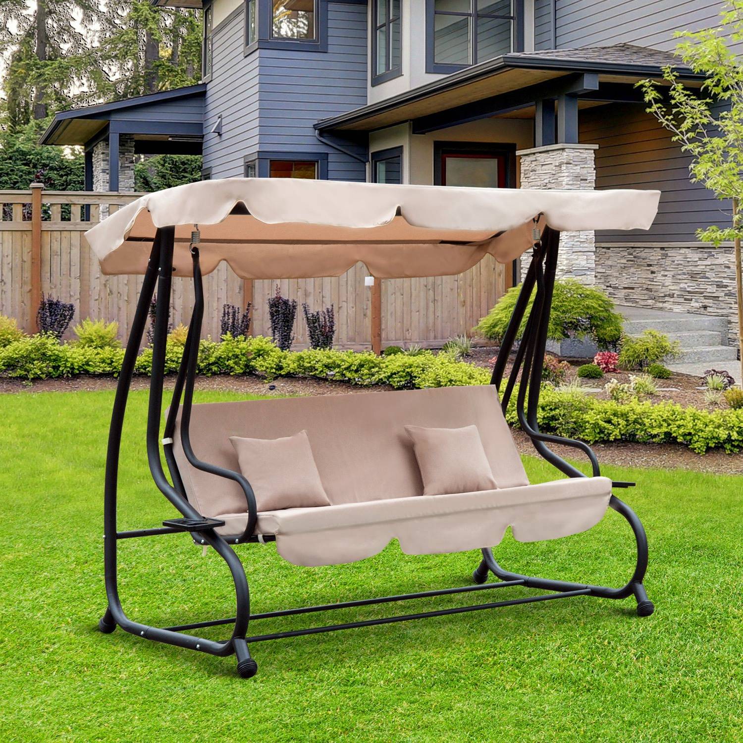Outsunny - Balancelle de jardin convertible 3 places inclinaison toit réglable 2 tablettes + matelas 2L x 1,2l x 1,64H m métal époxy noir polyester beige - Imagen 2