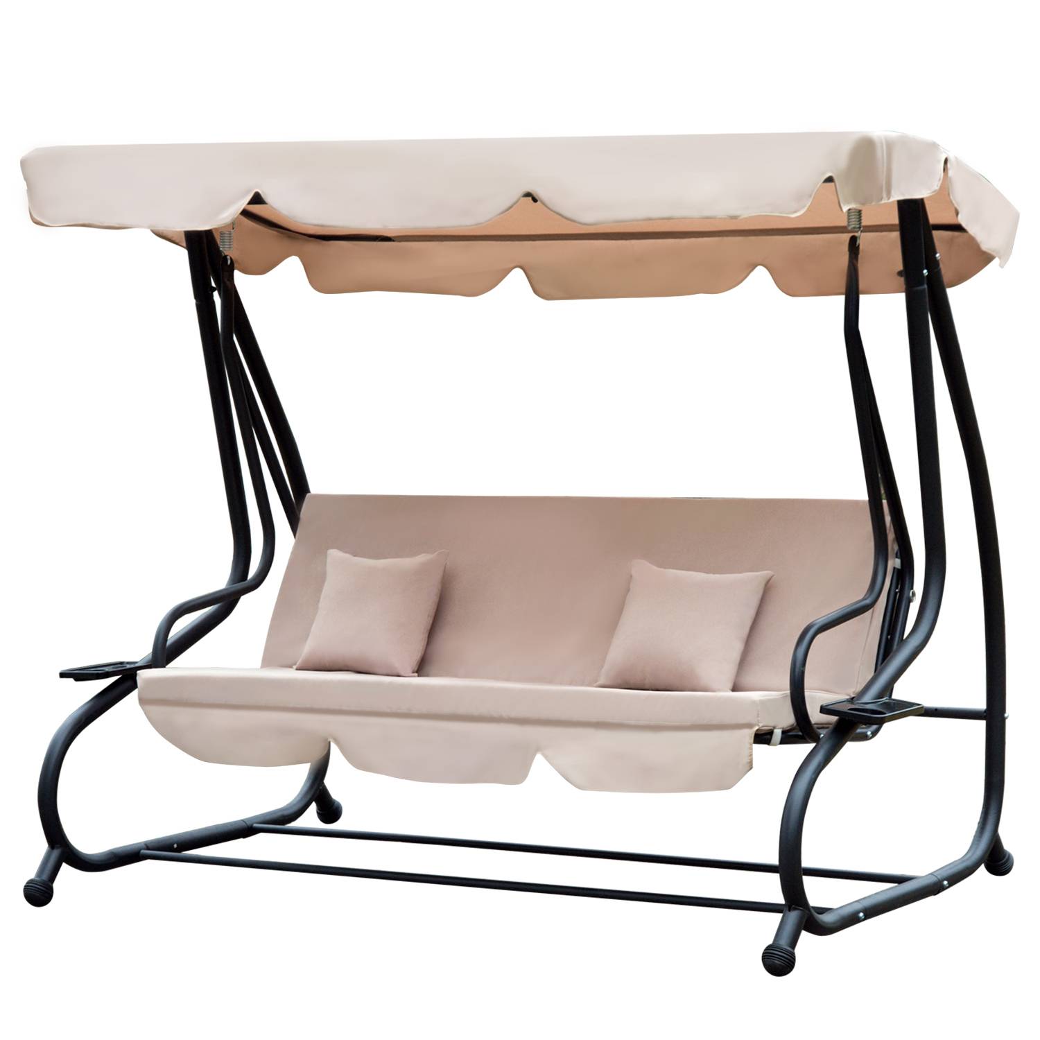 Outsunny - Balancelle de jardin convertible 3 places inclinaison toit réglable 2 tablettes + matelas 2L x 1,2l x 1,64H m métal époxy noir polyester beige - Imagen 1