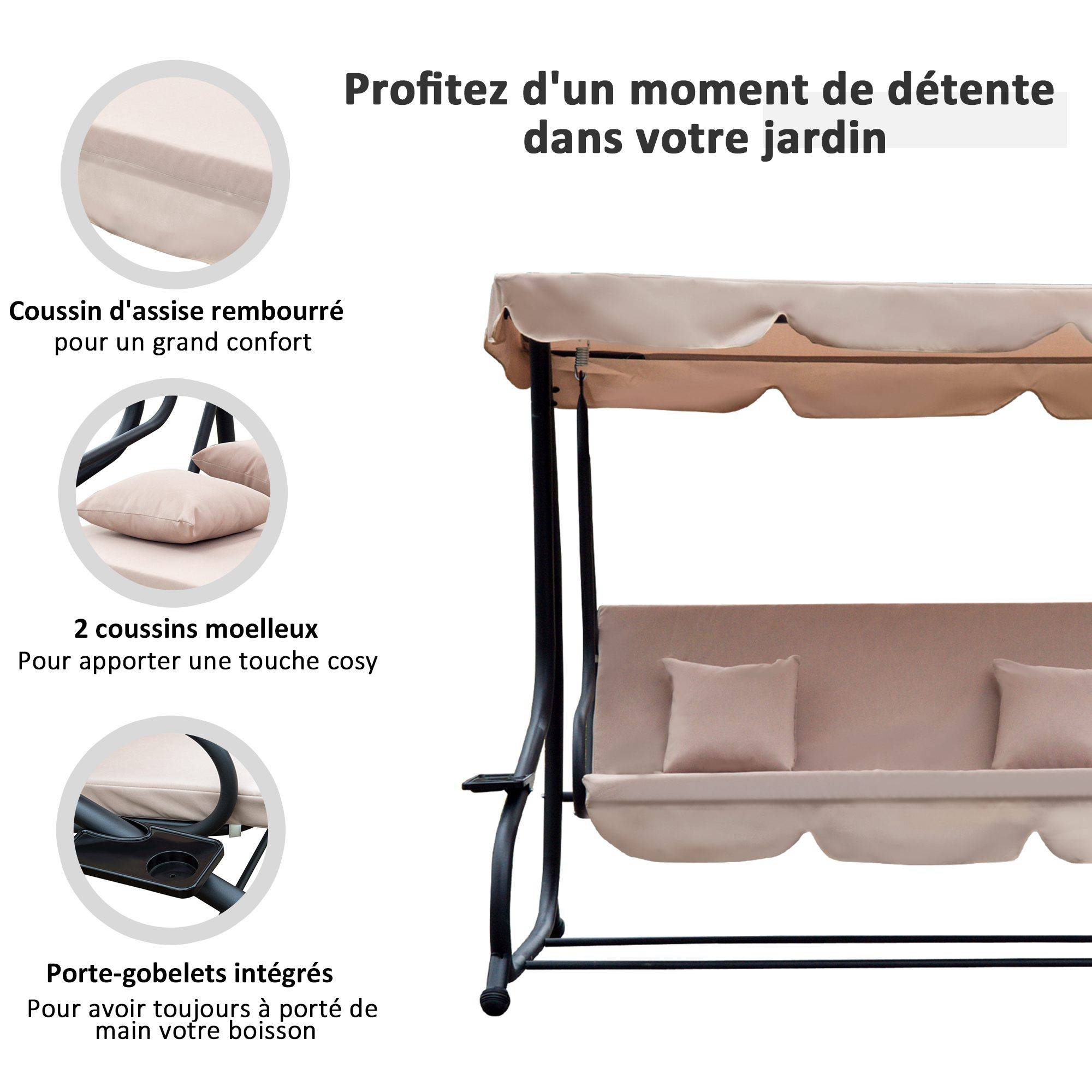 Outsunny - Balancelle de jardin convertible 3 places inclinaison toit réglable 2 tablettes + matelas 2L x 1,2l x 1,64H m métal époxy noir polyester beige - Imagen 6