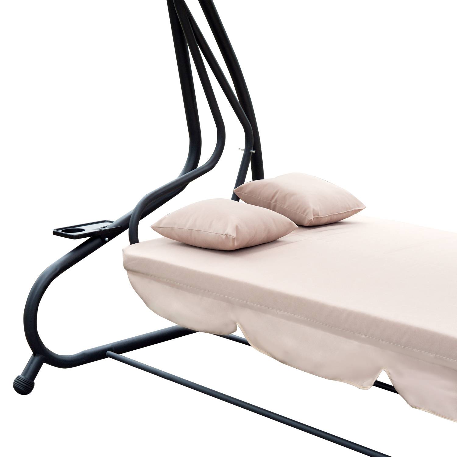 Outsunny - Balancelle de jardin convertible 3 places inclinaison toit réglable 2 tablettes + matelas 2L x 1,2l x 1,64H m métal époxy noir polyester beige - Imagen 8