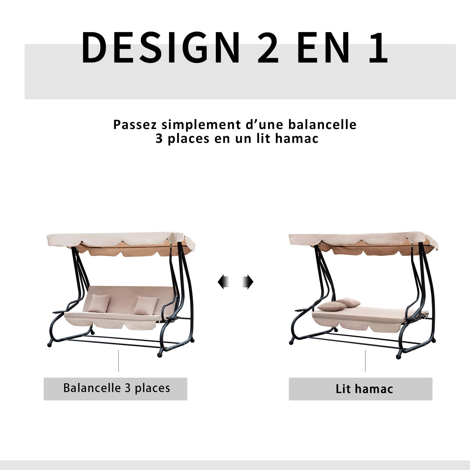 Outsunny - Balancelle de jardin convertible 3 places inclinaison toit réglable 2 tablettes + matelas 2L x 1,2l x 1,64H m métal époxy noir polyester beige - Imagen 4