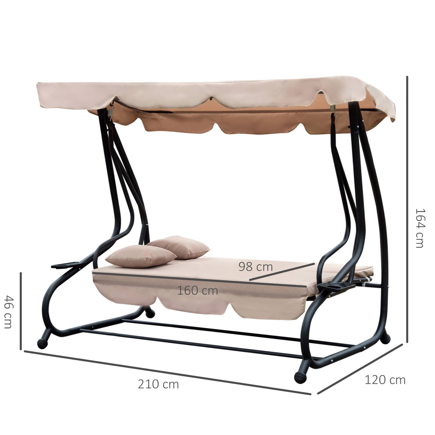 Outsunny - Balancelle de jardin convertible 3 places inclinaison toit réglable 2 tablettes + matelas 2L x 1,2l x 1,64H m métal époxy noir polyester beige - Imagen 3