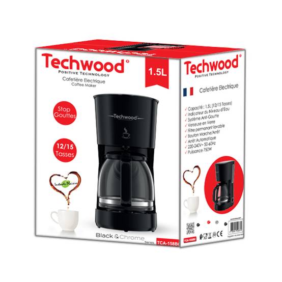 Techwood TCA-158BC - Cafetière 12 - 15 Tasses - Indicateur du niveau d'eau - Verseuse en verre - 750W - Filtre permanent lavable - Image 4
