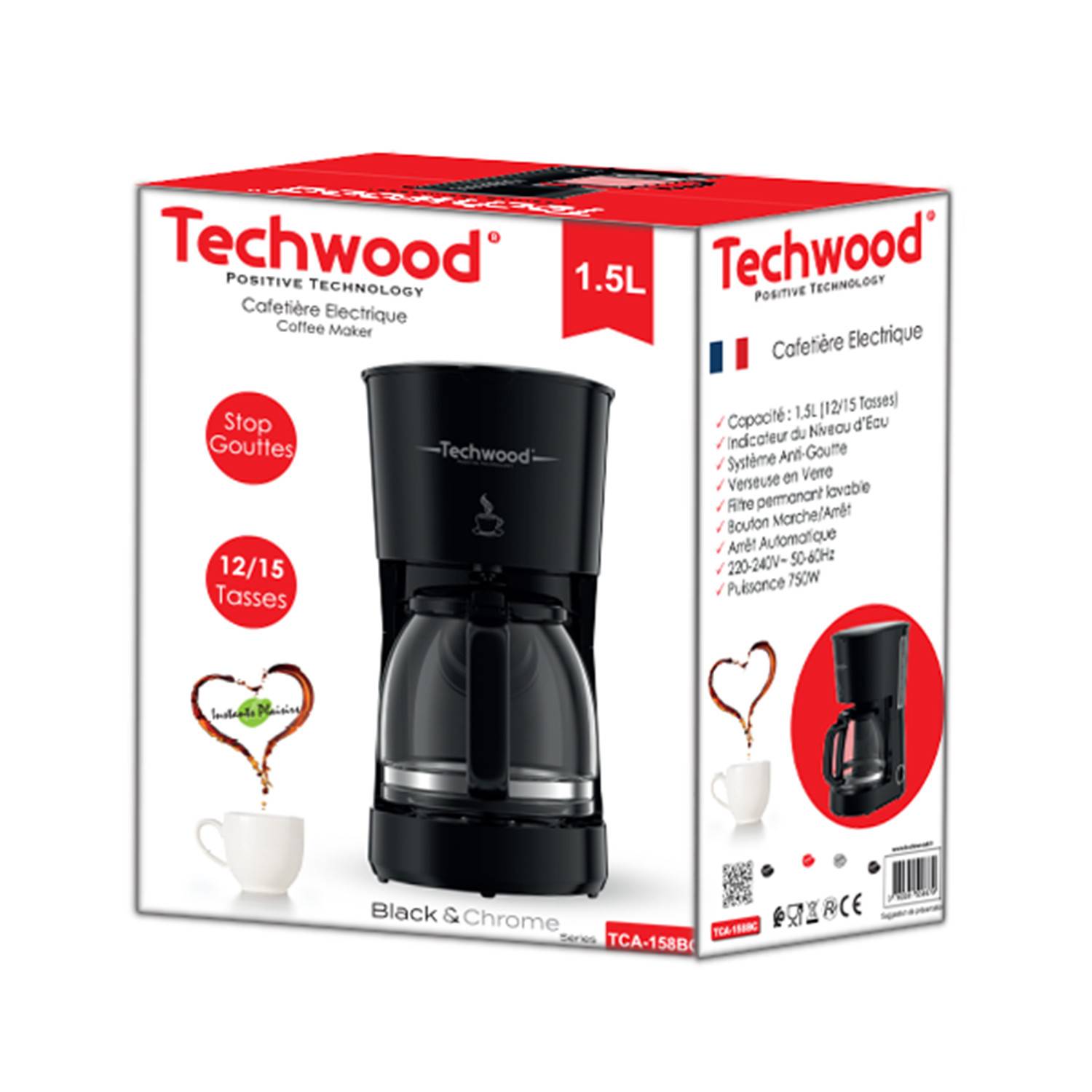 Techwood TCA-158BC - Cafetière 12 - 15 Tasses - Indicateur du niveau d'eau - Verseuse en verre - 750W - Filtre permanent lavable - Image 4