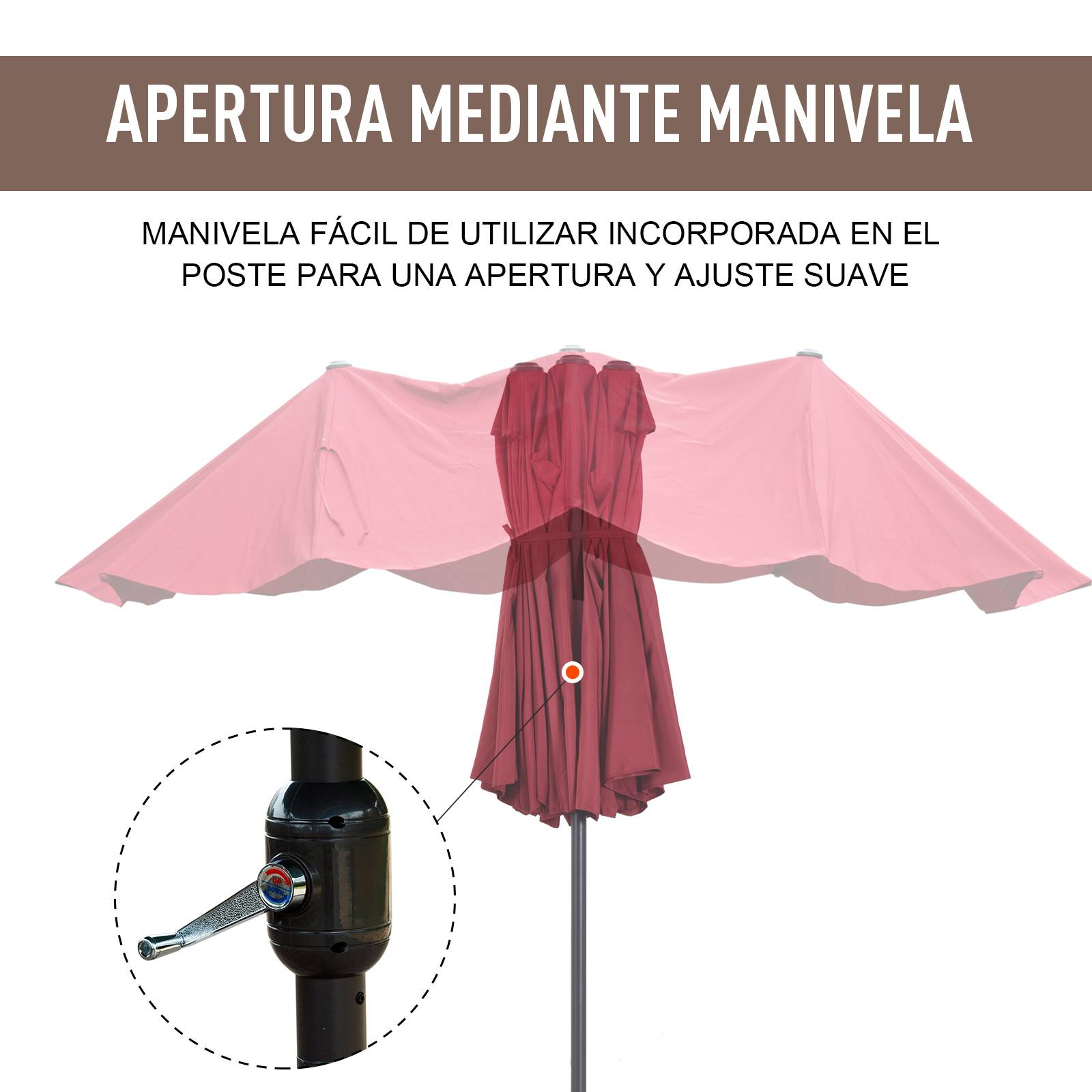 Parasol double de jardin 455 x 265 x 238 cm, grand parasol à manivelle, protection solaire, couleur rouge bordeaux - Image 7