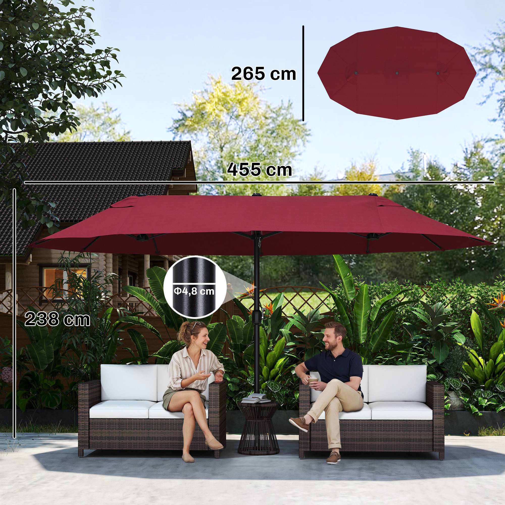 Parasol double de jardin 455 x 265 x 238 cm, grand parasol à manivelle, protection solaire, couleur rouge bordeaux - Image 5