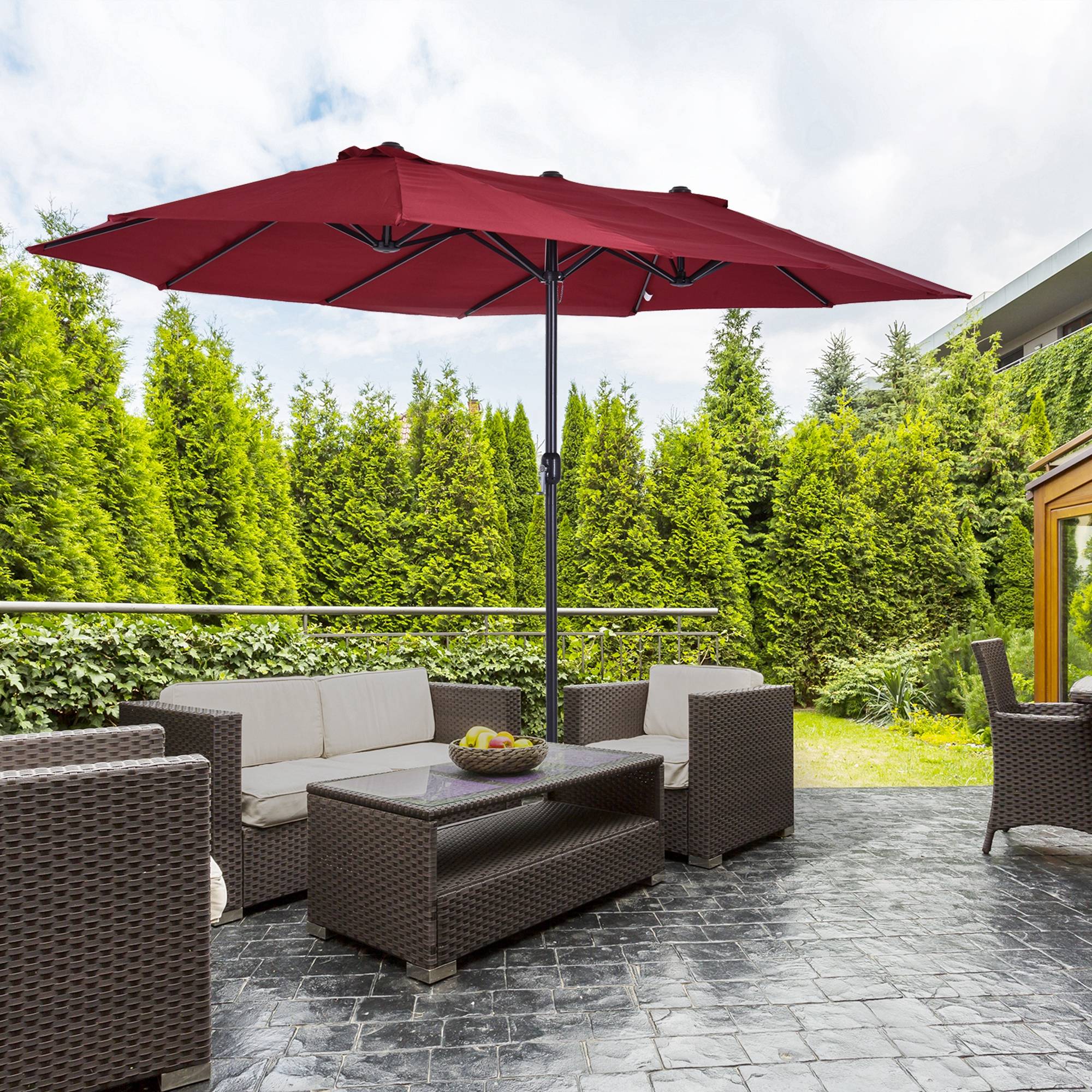 Parasol double de jardin 455 x 265 x 238 cm, grand parasol à manivelle, protection solaire, couleur rouge bordeaux - Image 3