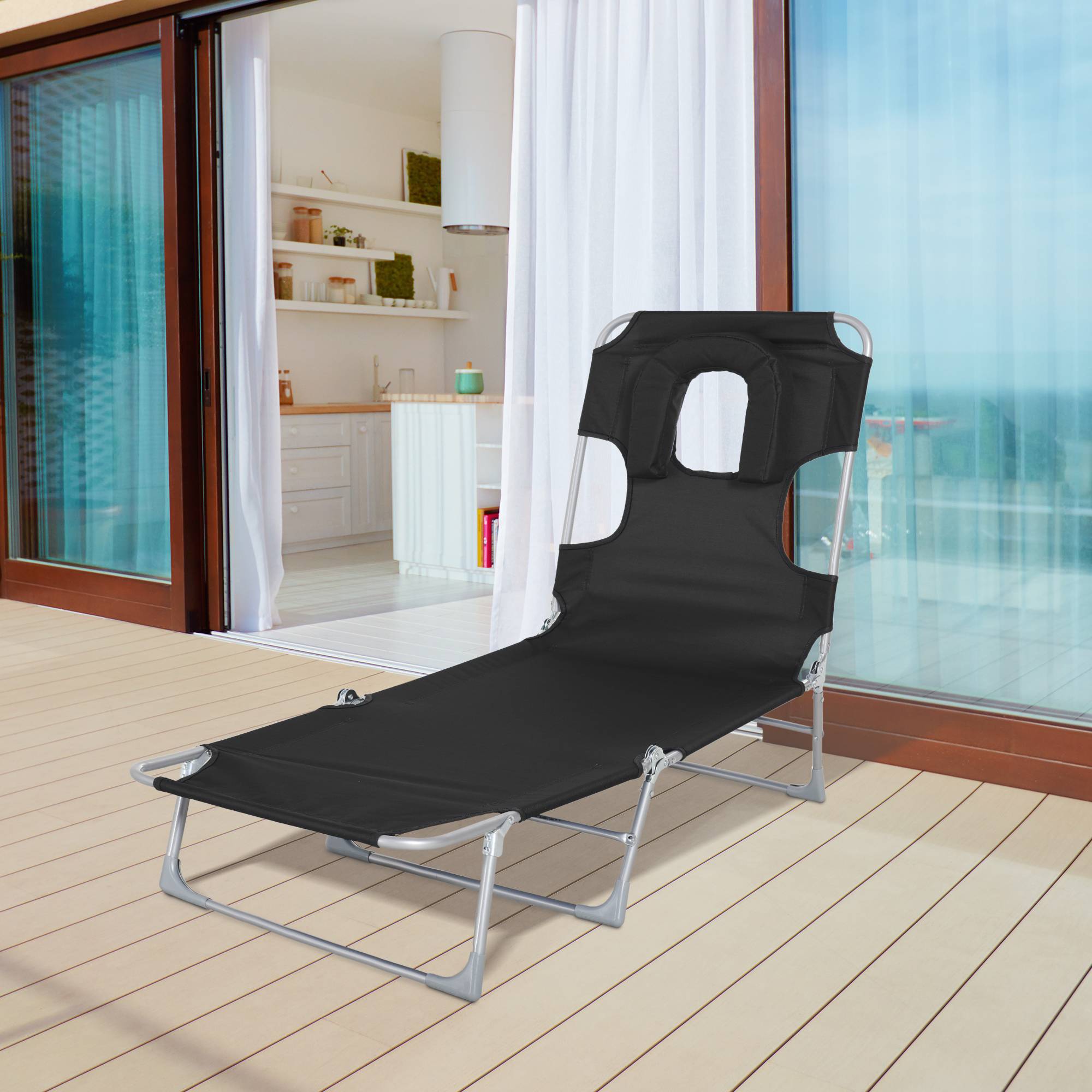 Transat jardin pliable inclinable, trou de lecture, appui-tête,5 niveaux,plage,182x56x28cm, noir - Image 3