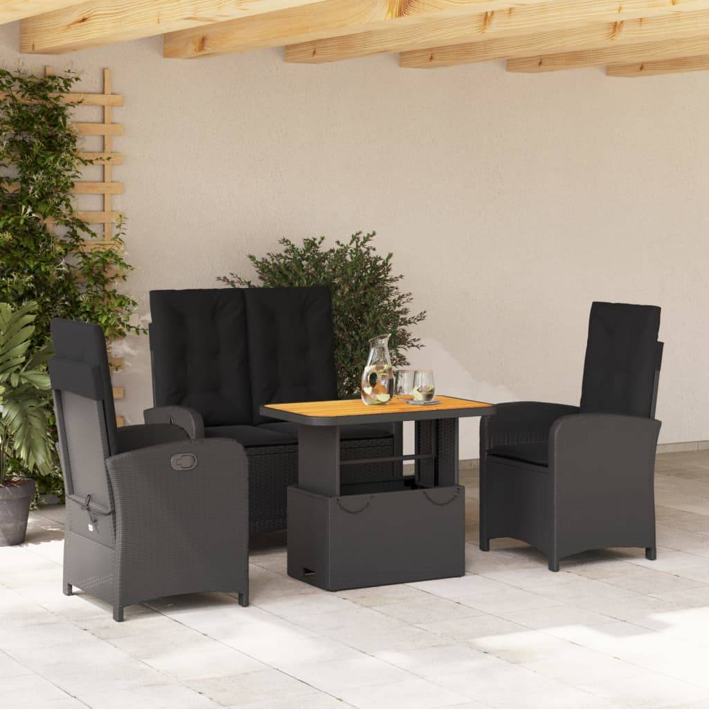 Salon Bas de Jardin 4 Places avec Table Relevable, Fauteuils et Banquette Relax, Résine Tressée Noire, Coussins Noirs – ComfortXL Outdoor Living - Image 1