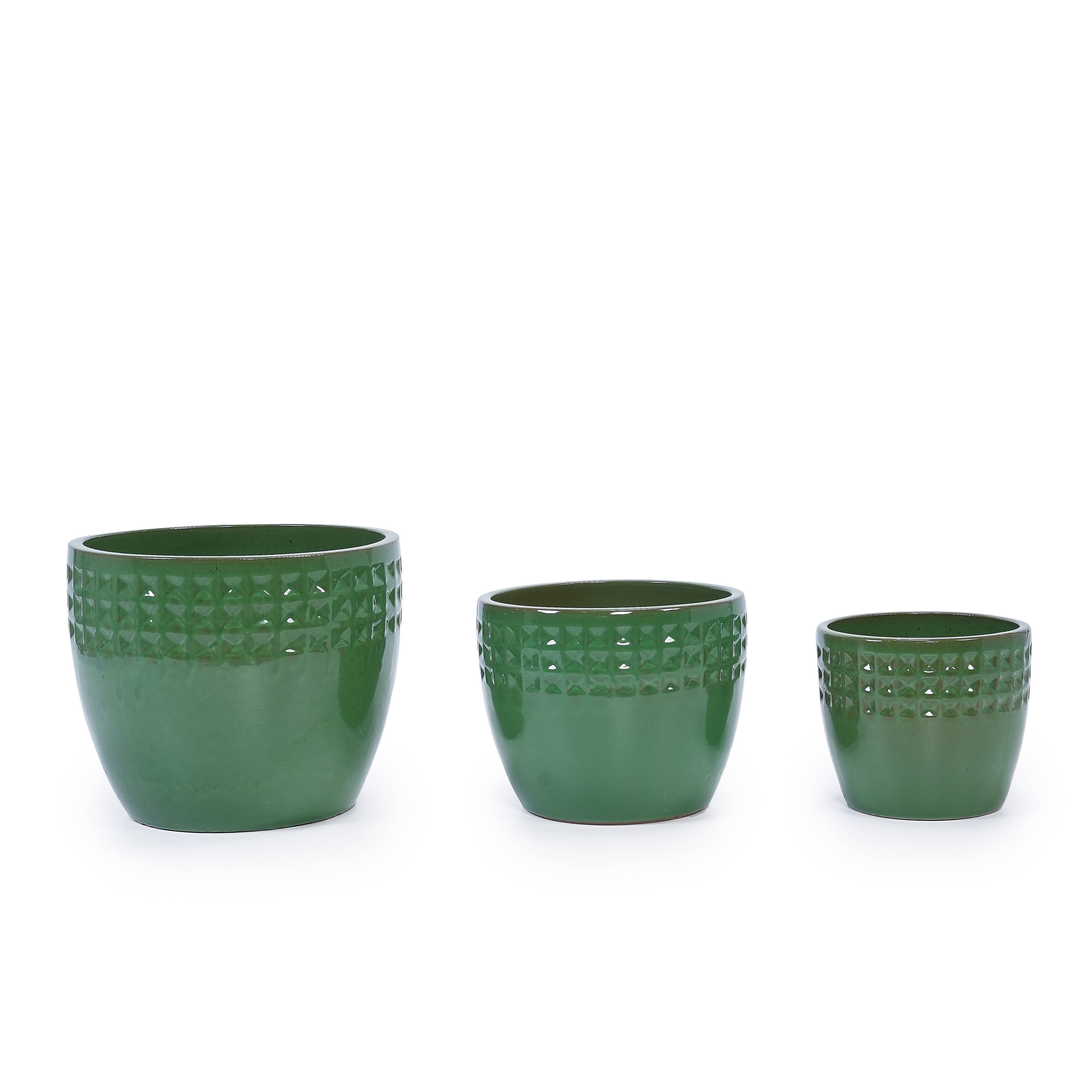 Lot 3 Pots Fleurs Céramique Émaillée Intérieur Extérieur Drainage Vert Antique - ComfortXL Outdoor Living - Image 2