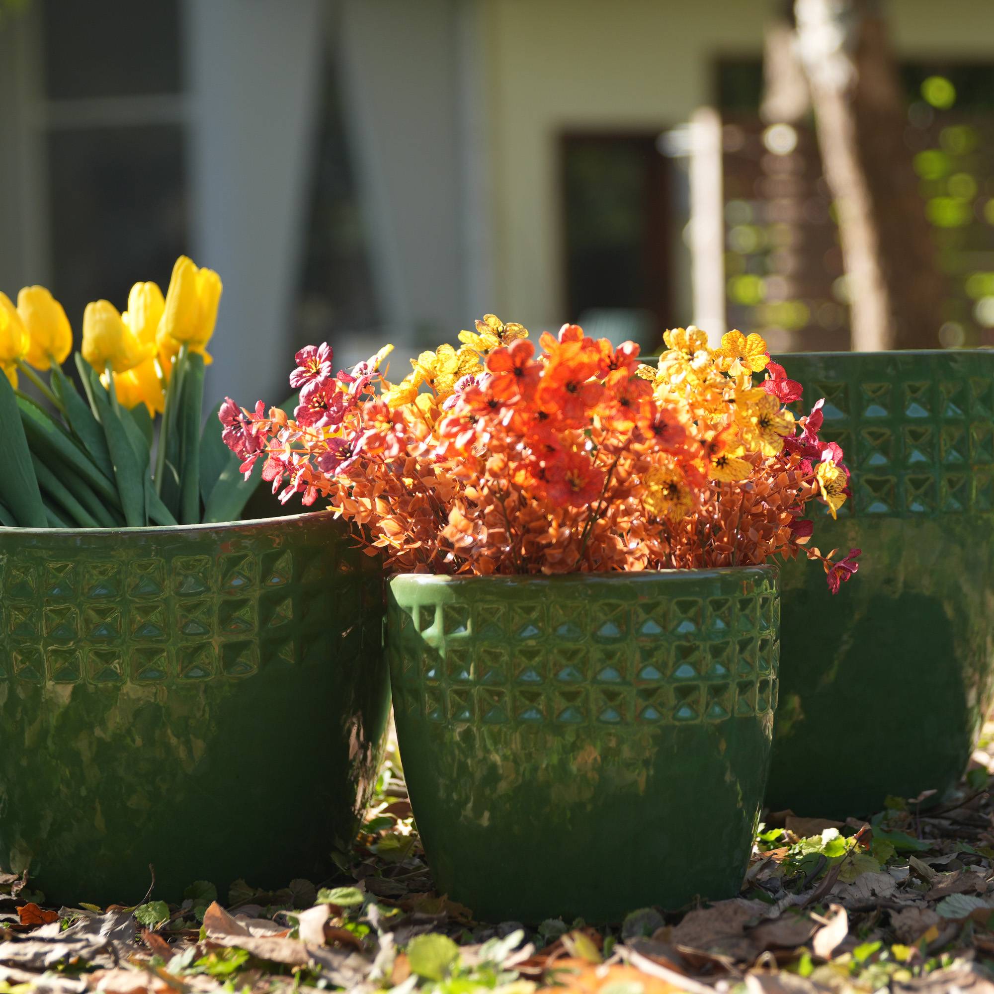 Lot 3 Pots Fleurs Céramique Émaillée Intérieur Extérieur Drainage Vert Antique - ComfortXL Outdoor Living - Image 1