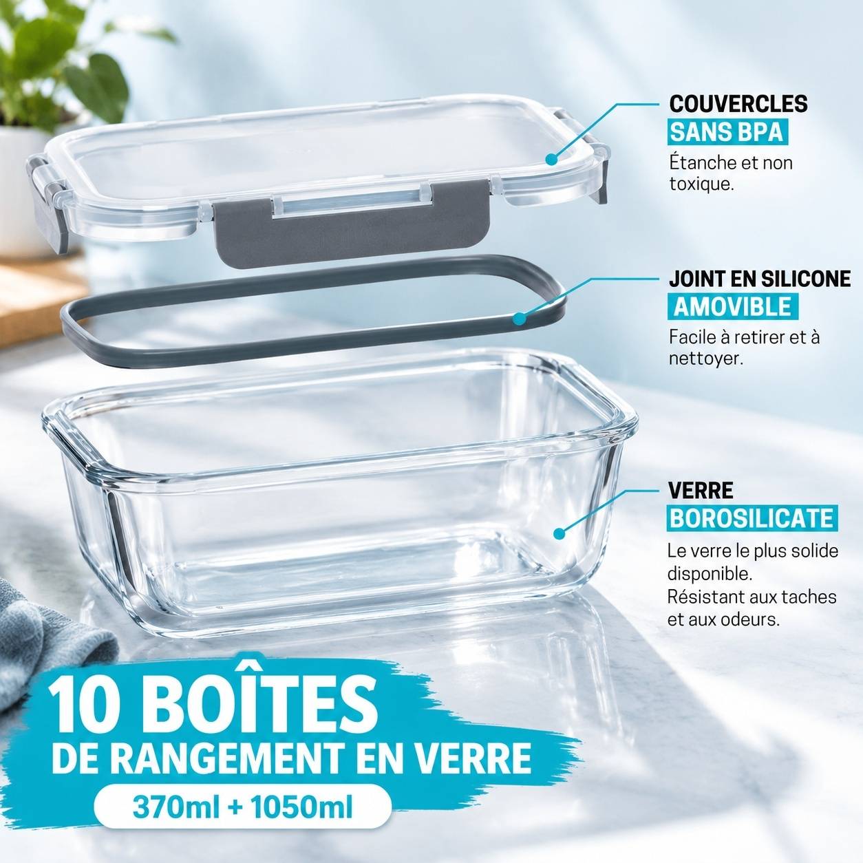 Boîte Alimentaire Verre Borosilicate Lot de 10 avec Couvercles Hermétiques - Image 5