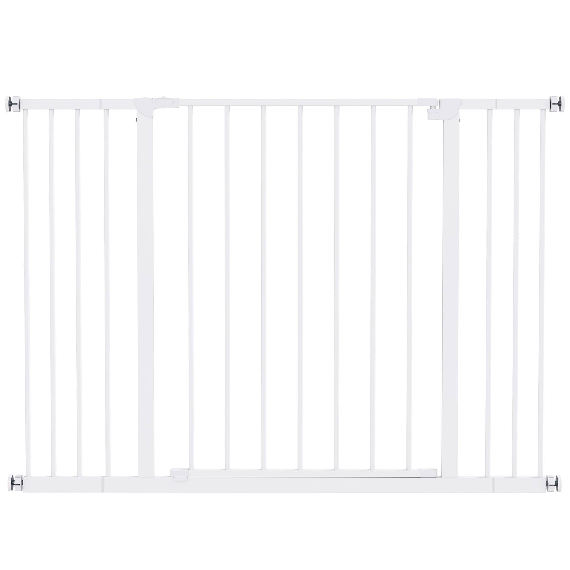 Barrière de porte escalier avec extension 10/15 cm, sans perçage, largeurs 76-82/86-97/101-107 cm, acier blanc - Image 1