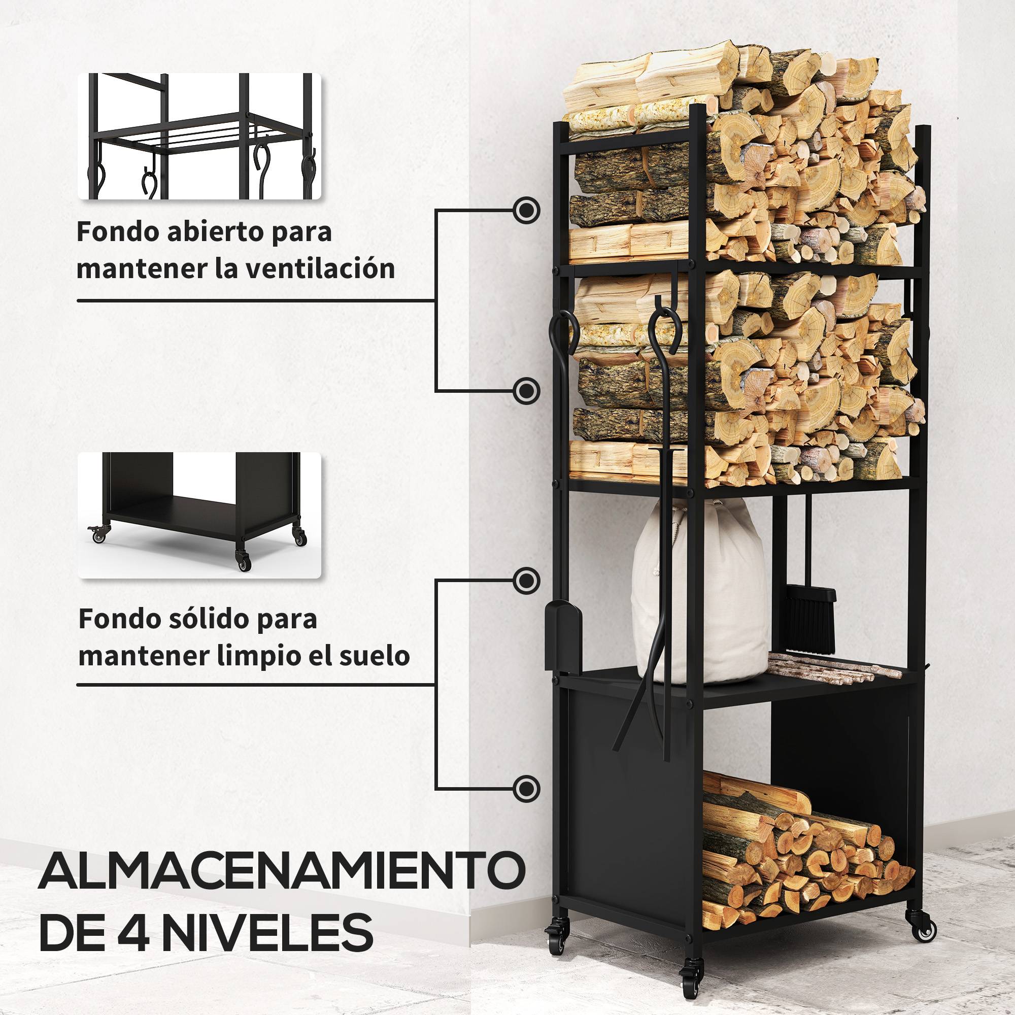 Râtelier à bûches 4 niveaux avec roulettes + outils cheminée, 45x30x118 cm, intérieur‑extérieur, noir - Image 6