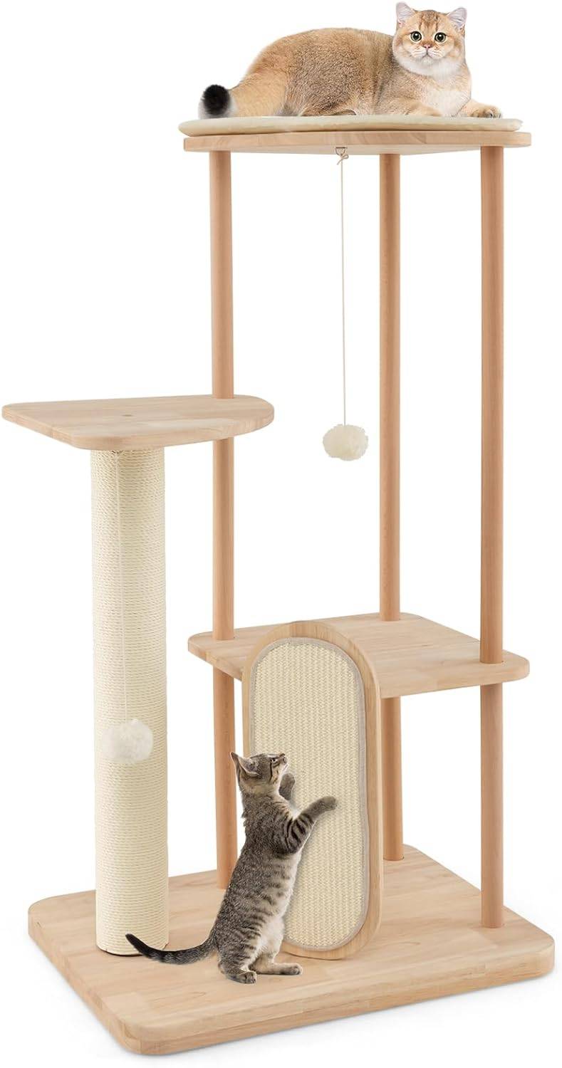COSTWAY Grand Arbre à Chat en Bois Massif de 112 CM, Centre d'Activité pour Chaton avec Planche à Gratter et Boule Suspendue, Beige - Image 1