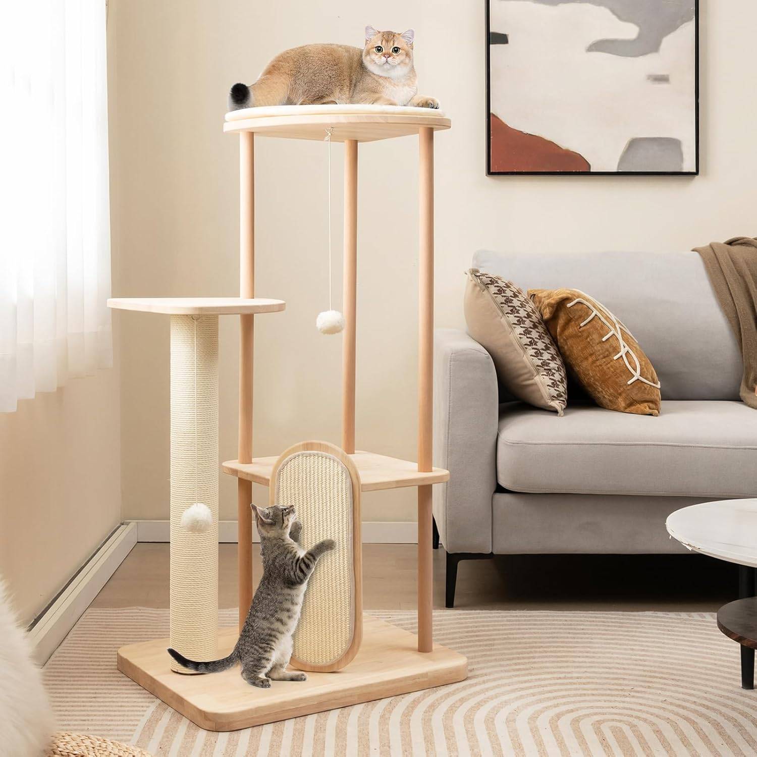 COSTWAY Grand Arbre à Chat en Bois Massif de 112 CM, Centre d'Activité pour Chaton avec Planche à Gratter et Boule Suspendue, Beige - Image 4