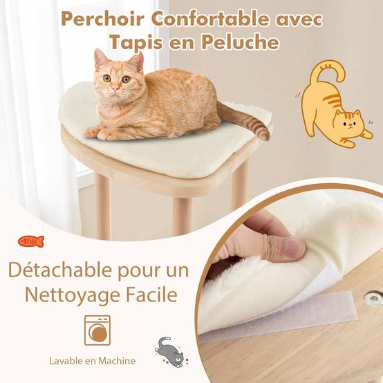 COSTWAY Grand Arbre à Chat en Bois Massif de 112 CM, Centre d'Activité pour Chaton avec Planche à Gratter et Boule Suspendue, Beige - Image 6