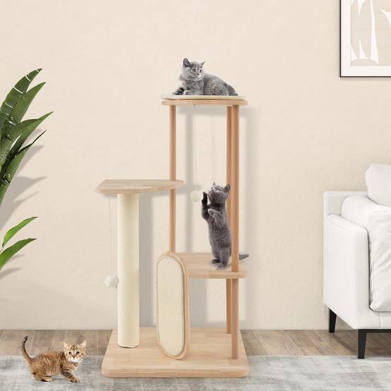 COSTWAY Grand Arbre à Chat en Bois Massif de 112 CM, Centre d'Activité pour Chaton avec Planche à Gratter et Boule Suspendue, Beige - Image 3