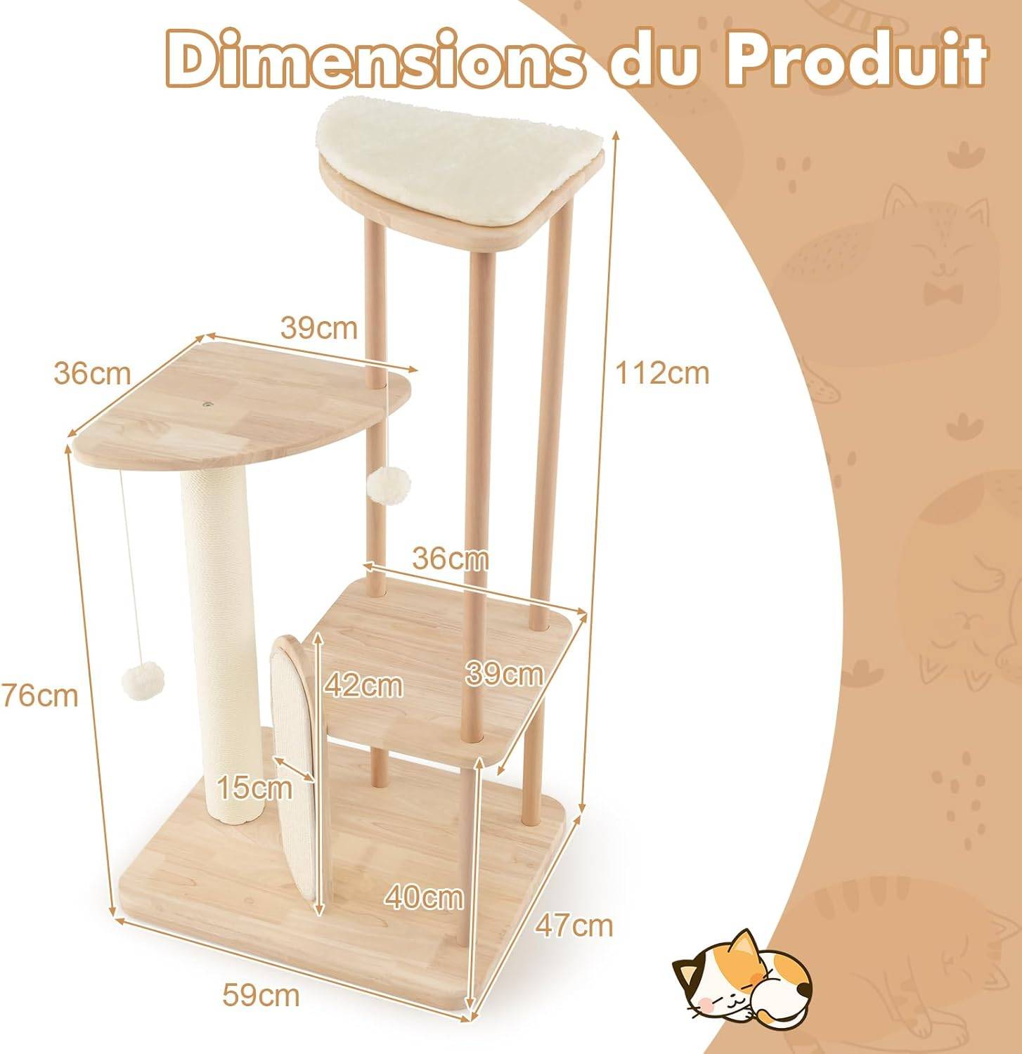 COSTWAY Grand Arbre à Chat en Bois Massif de 112 CM, Centre d'Activité pour Chaton avec Planche à Gratter et Boule Suspendue, Beige - Image 8