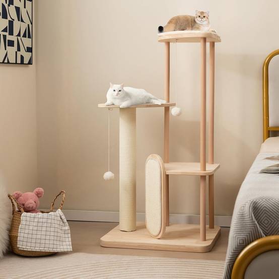 COSTWAY Grand Arbre à Chat en Bois Massif de 112 CM, Centre d'Activité pour Chaton avec Planche à Gratter et Boule Suspendue, Beige - Image 2