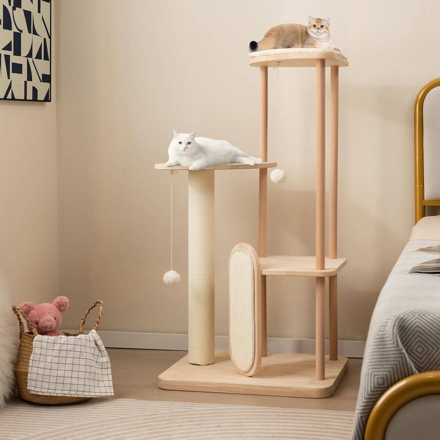 COSTWAY Grand Arbre à Chat en Bois Massif de 112 CM, Centre d'Activité pour Chaton avec Planche à Gratter et Boule Suspendue, Beige - Image 2