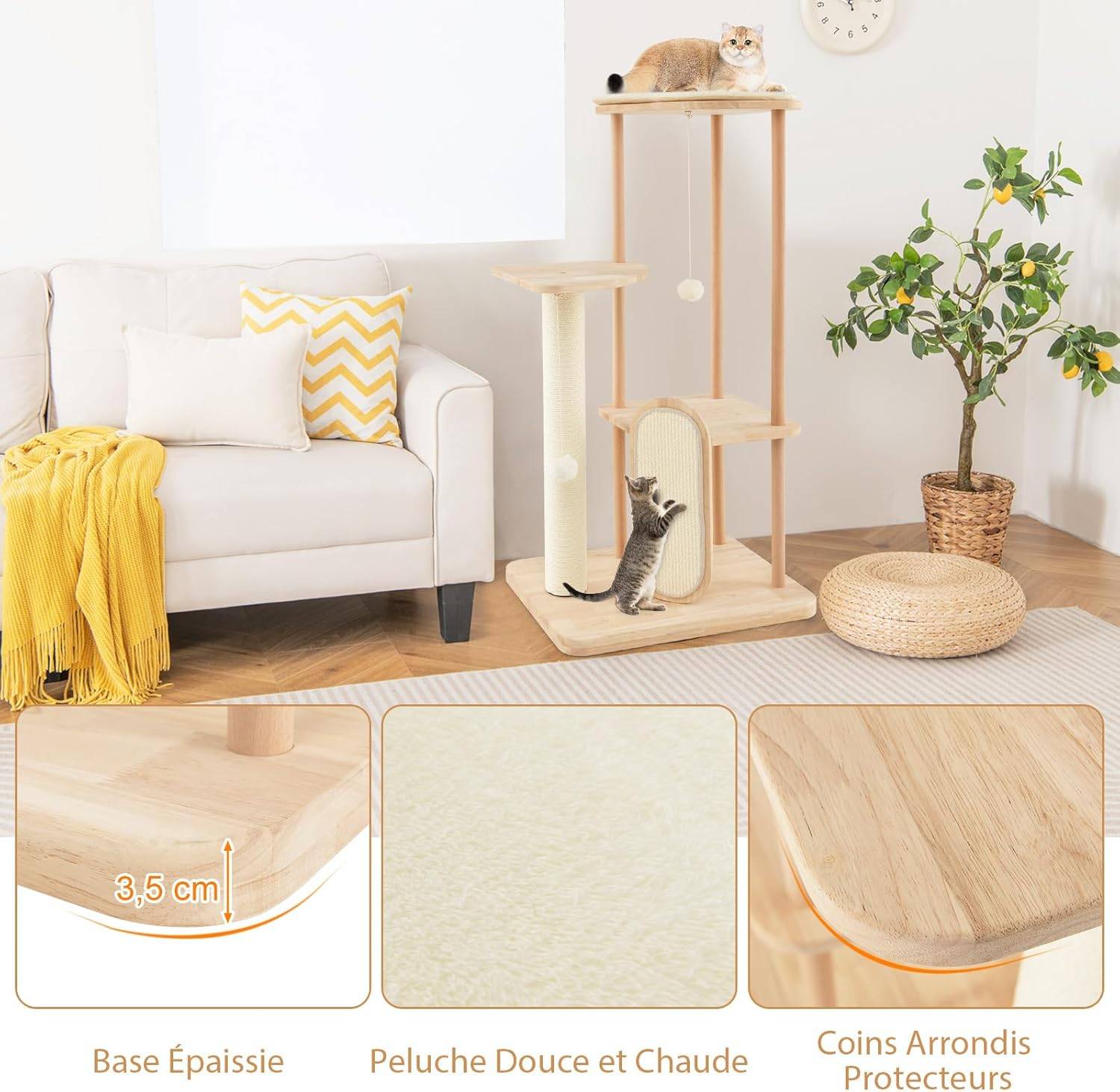 COSTWAY Grand Arbre à Chat en Bois Massif de 112 CM, Centre d'Activité pour Chaton avec Planche à Gratter et Boule Suspendue, Beige - Image 7