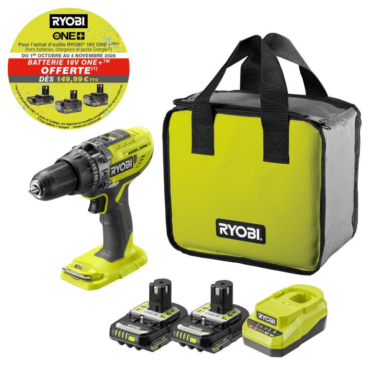 Ryobi - Perceuse-visseuse à percussion RYOBI 2 vitesses 18V ONEPLUS - Batteries LithiumPlus 2x 2,0 Ah R18PD3-220S - Image 2