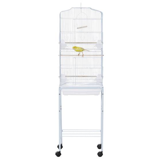 Cage à oiseaux sur pied volière oiseaux sur roulettes toit ouvrant 3 perchoirs étagère inférieure 46,5x36x157cm blanc - Image 2