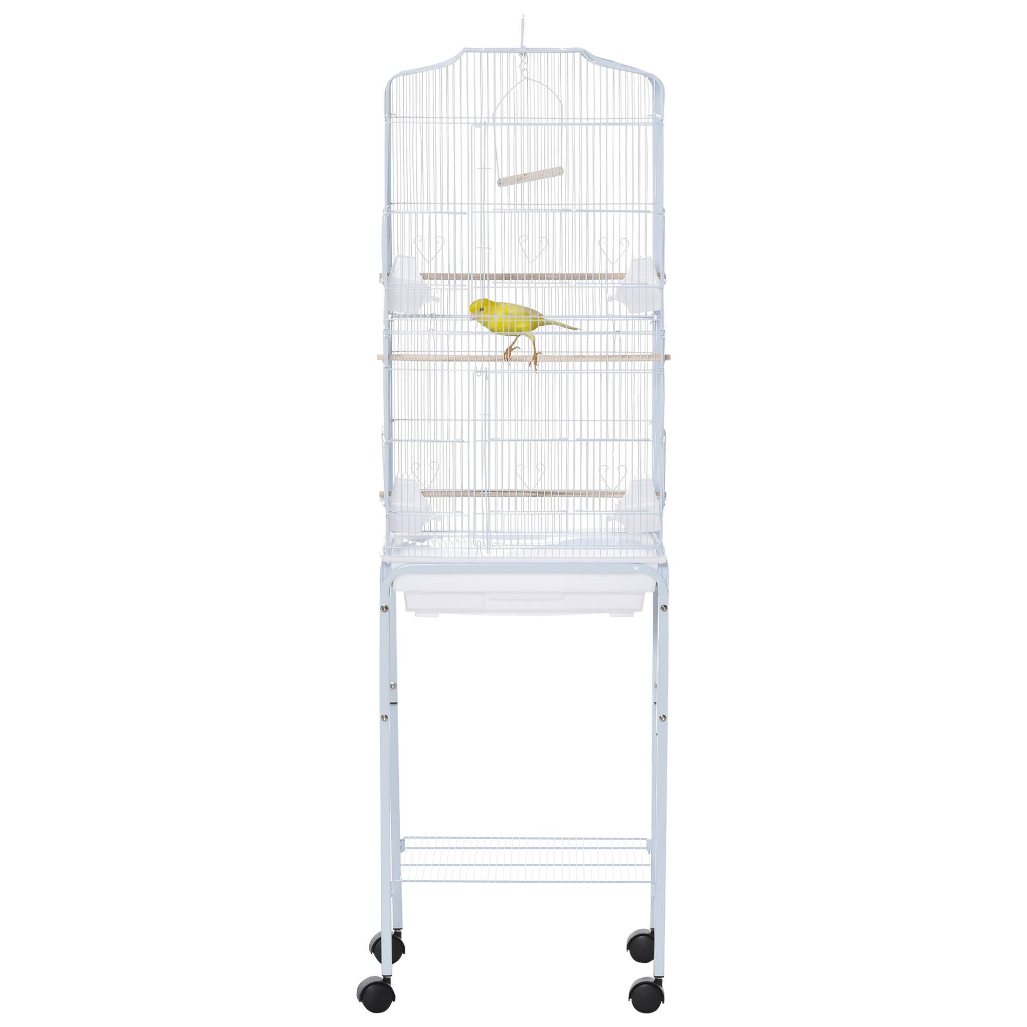 Cage à oiseaux sur pied volière oiseaux sur roulettes toit ouvrant 3 perchoirs étagère inférieure 46,5x36x157cm blanc - Image 2