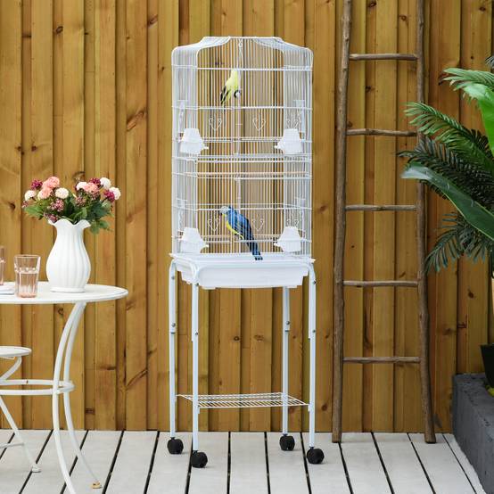 Cage à oiseaux sur pied volière oiseaux sur roulettes toit ouvrant 3 perchoirs étagère inférieure 46,5x36x157cm blanc - Image 3