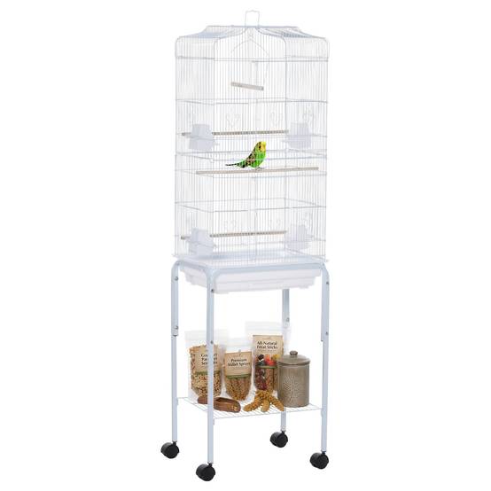 Cage à oiseaux sur pied volière oiseaux sur roulettes toit ouvrant 3 perchoirs étagère inférieure 46,5x36x157cm blanc - Image 1