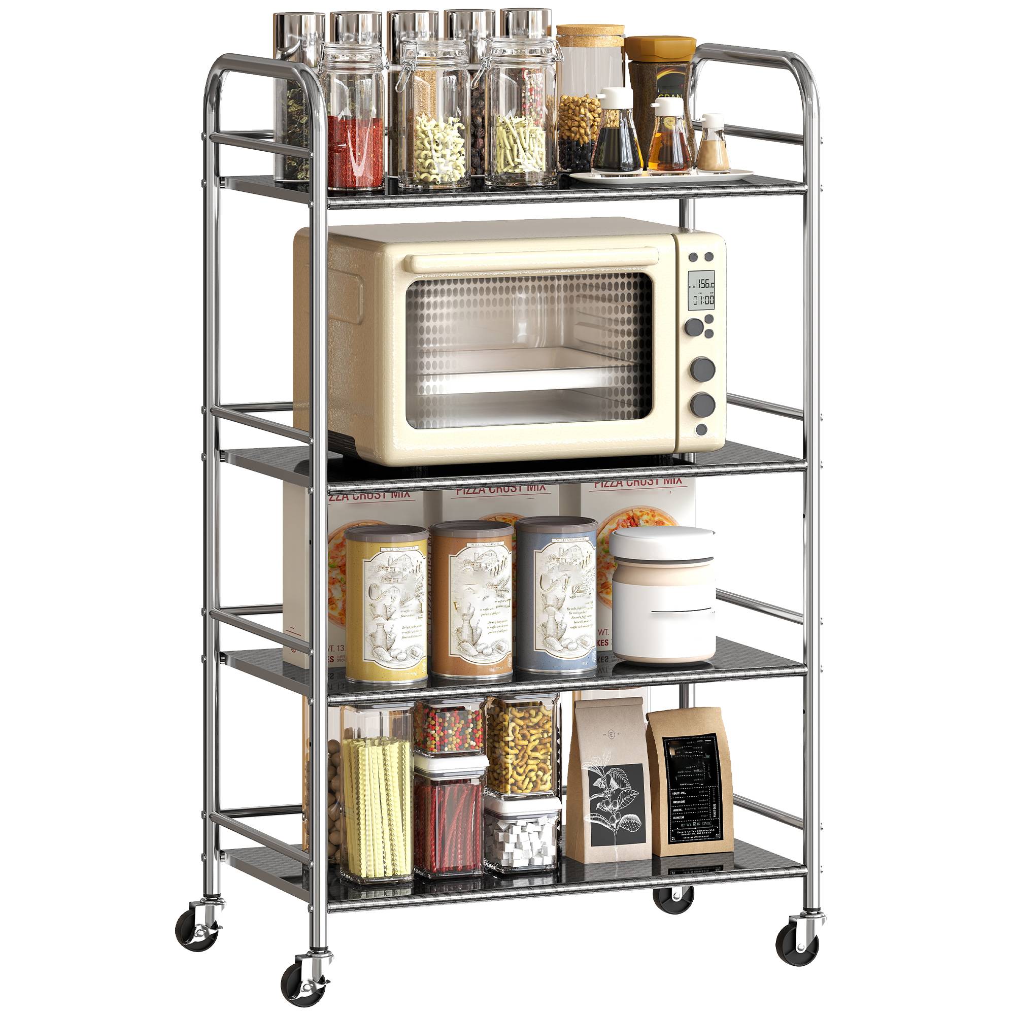 Desserte cuisine, chariot de service à 4 niveaux en acier inoxydable 201 avec poignées, roues, 60 x 35 x 100 cm, argenté - Image 1