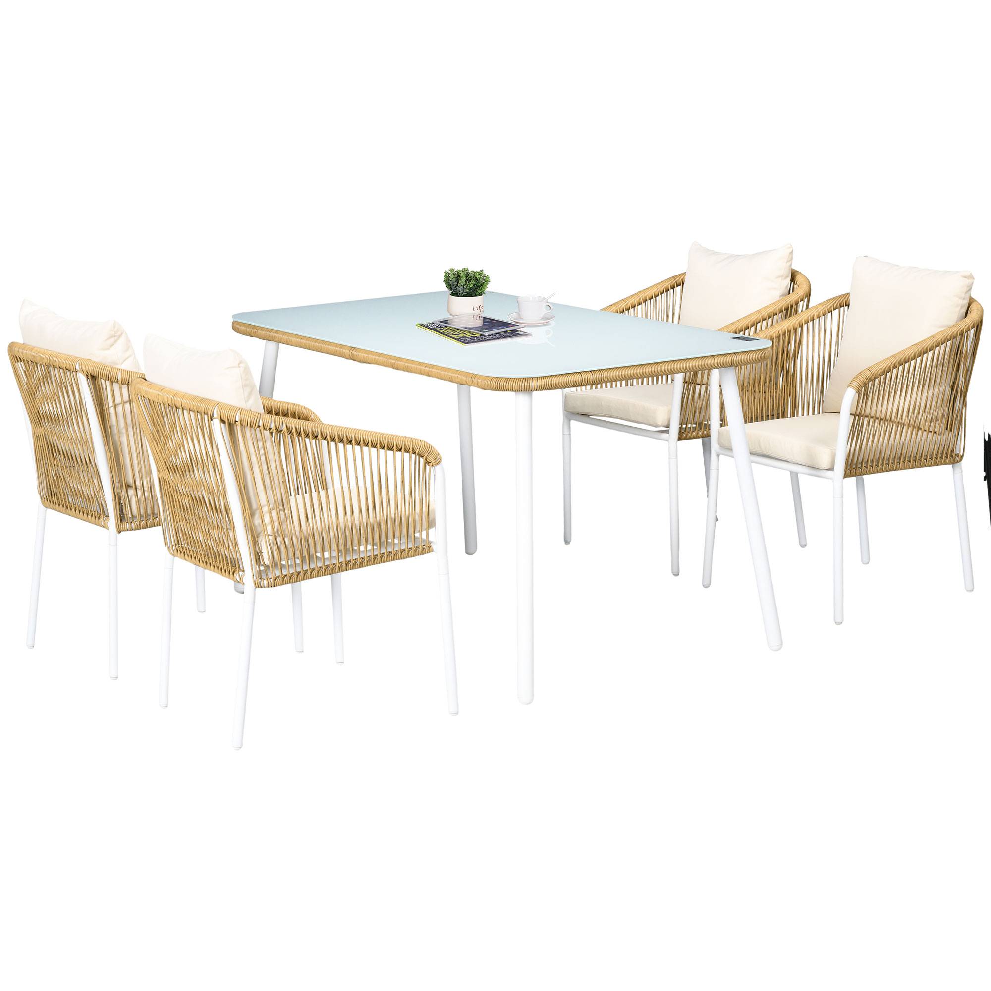 Outsunny - Salon de jardin 4 places 5 pièces table à manger chaises empilables coussins alu résine blanc beige - Outsunny - Imagen 1