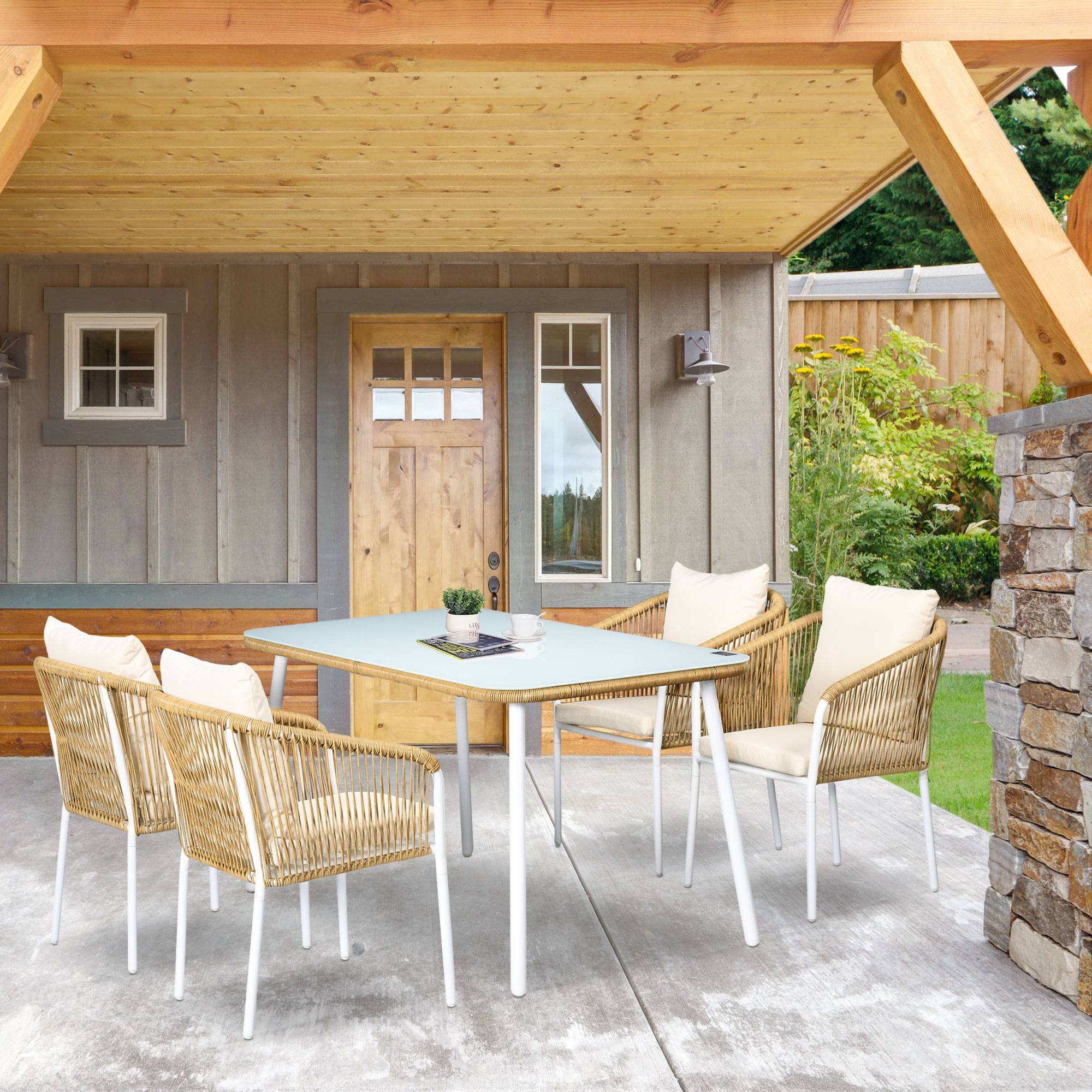 Outsunny - Salon de jardin 4 places 5 pièces table à manger chaises empilables coussins alu résine blanc beige - Outsunny - Imagen 2