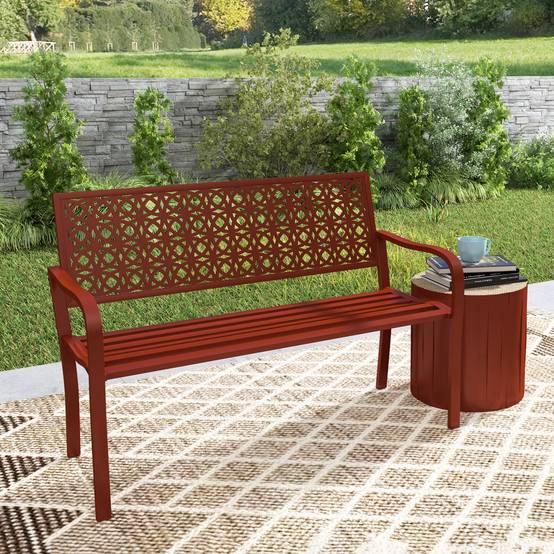 ComfortXL - Banc de jardin 2 places acier rouge 127 x 63 x 85 cm terrasse extérieur dossier décoratif accoudoirs - Image 9