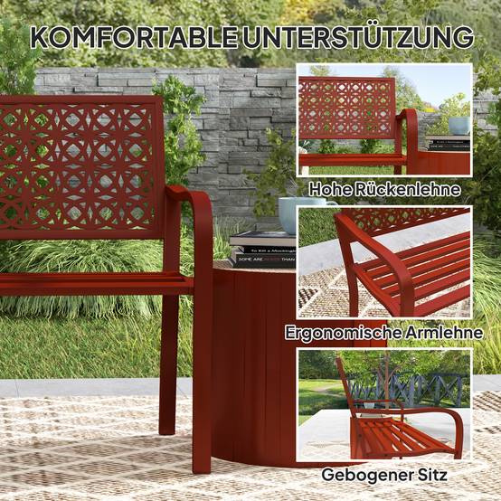 ComfortXL - Banc de jardin 2 places acier rouge 127 x 63 x 85 cm terrasse extérieur dossier décoratif accoudoirs - Image 5