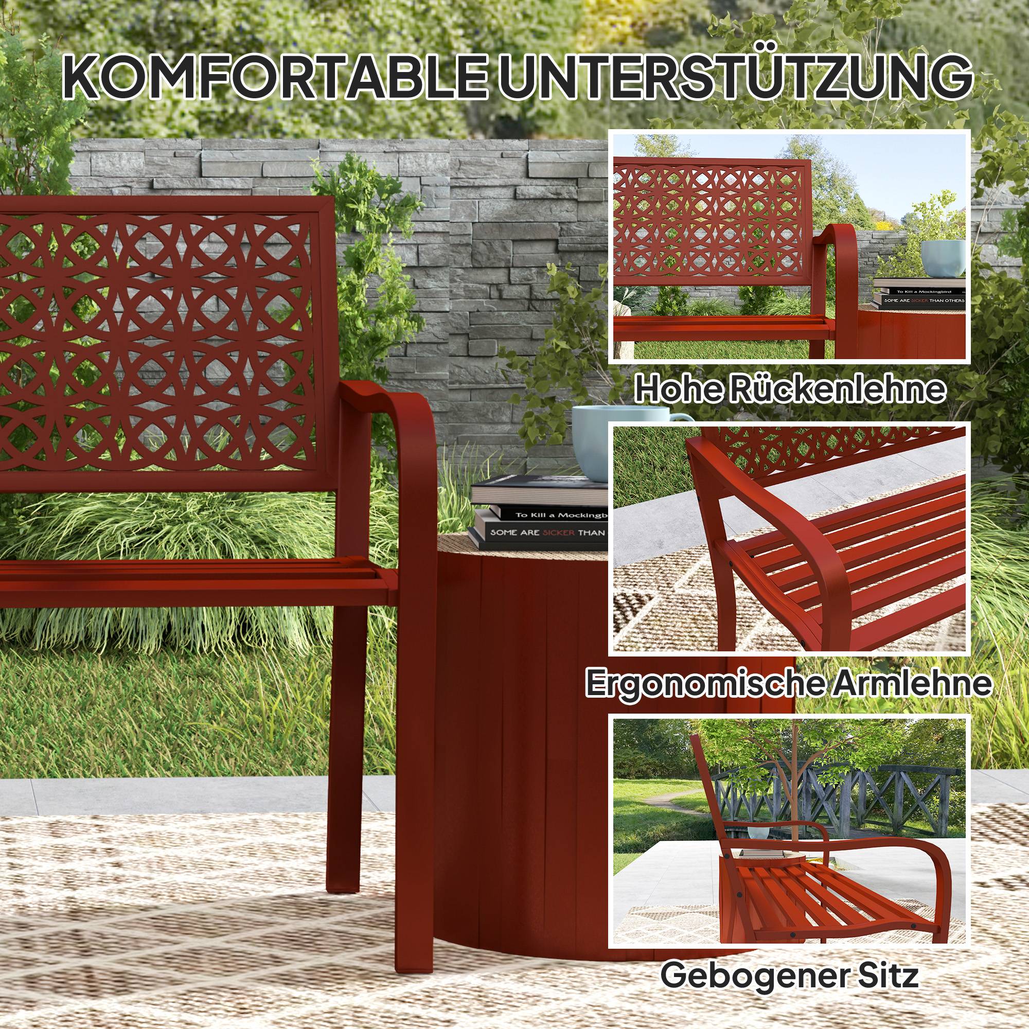 ComfortXL - Banc de jardin 2 places acier rouge 127 x 63 x 85 cm terrasse extérieur dossier décoratif accoudoirs - Image 5