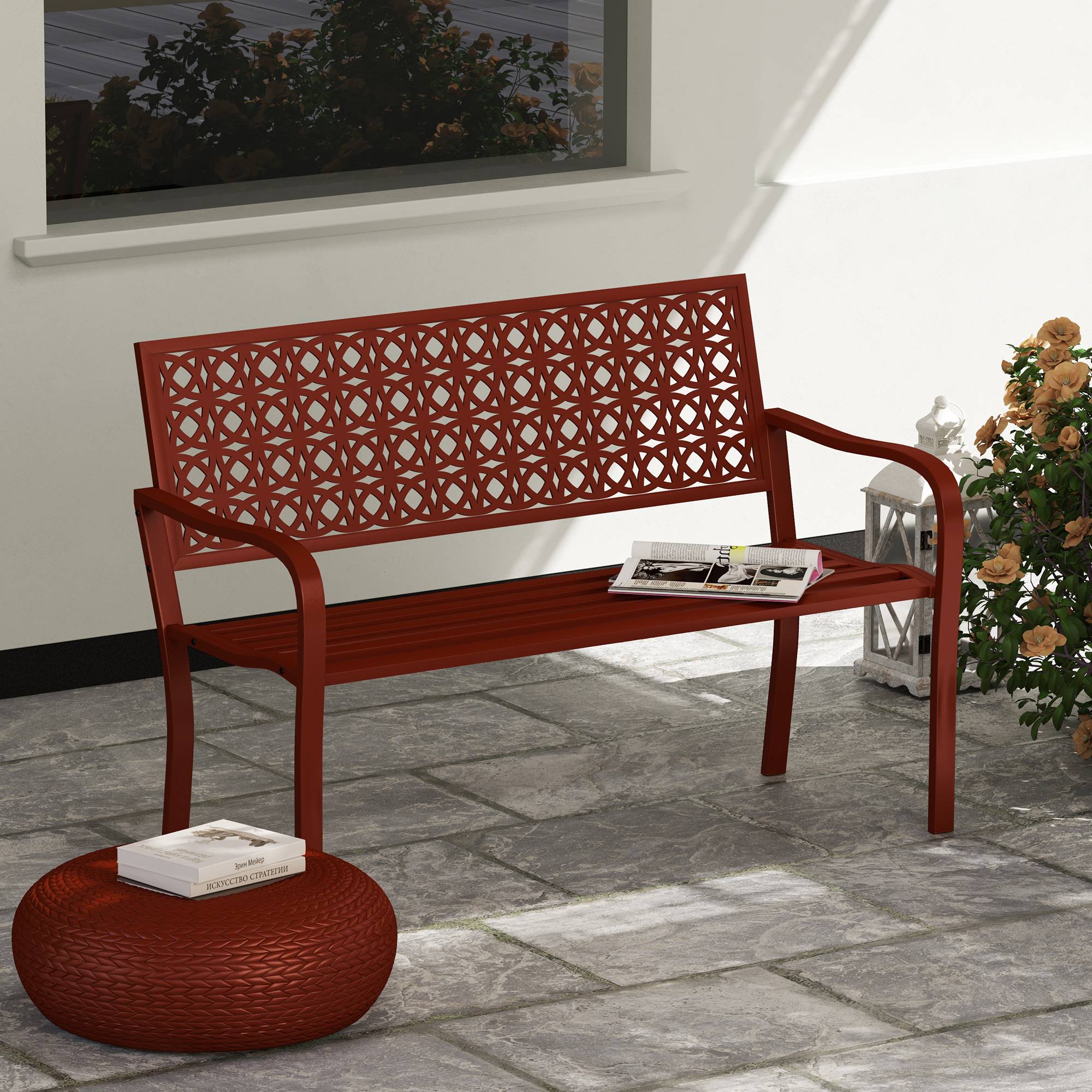 ComfortXL - Banc de jardin 2 places acier rouge 127 x 63 x 85 cm terrasse extérieur dossier décoratif accoudoirs - Image 8