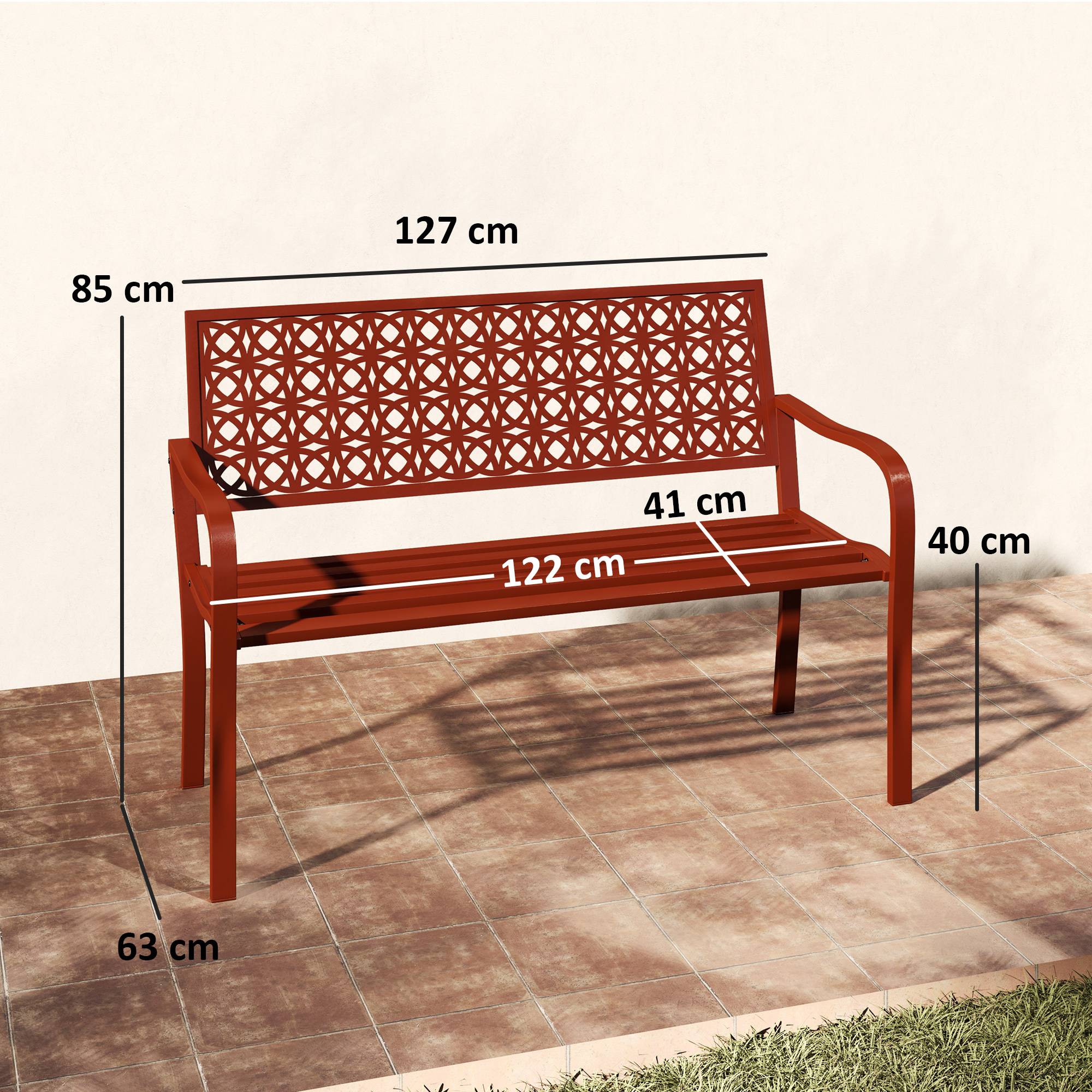 ComfortXL - Banc de jardin 2 places acier rouge 127 x 63 x 85 cm terrasse extérieur dossier décoratif accoudoirs - Image 3