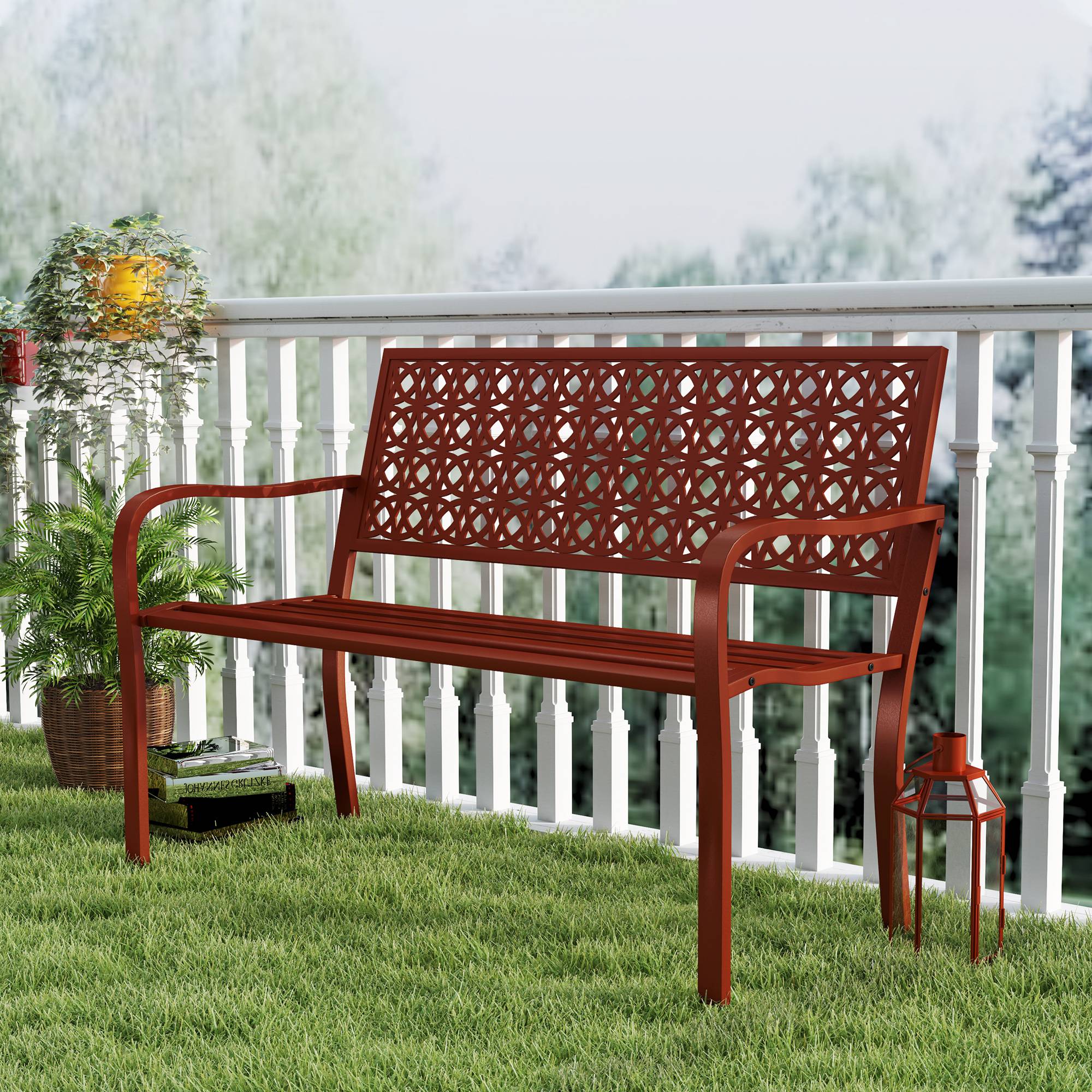 ComfortXL - Banc de jardin 2 places acier rouge 127 x 63 x 85 cm terrasse extérieur dossier décoratif accoudoirs - Image 7