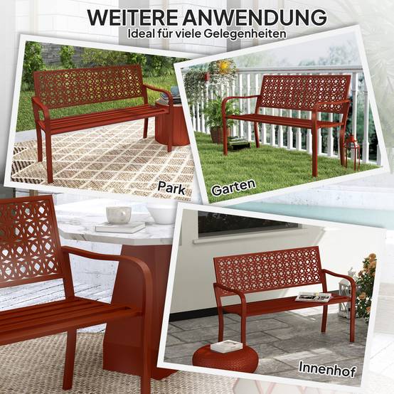 ComfortXL - Banc de jardin 2 places acier rouge 127 x 63 x 85 cm terrasse extérieur dossier décoratif accoudoirs - Image 6