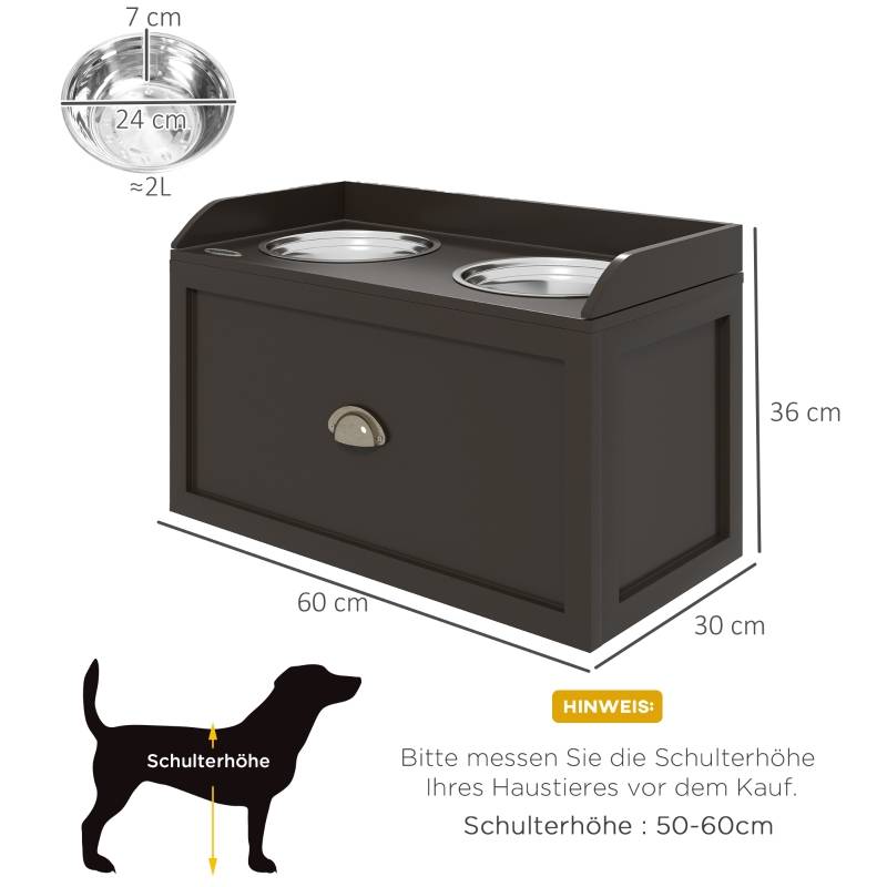 Station de nourrissage surélevée chien 60 x 30 x 36 cm acier inoxydable et bois - PANGIVO - Image 2