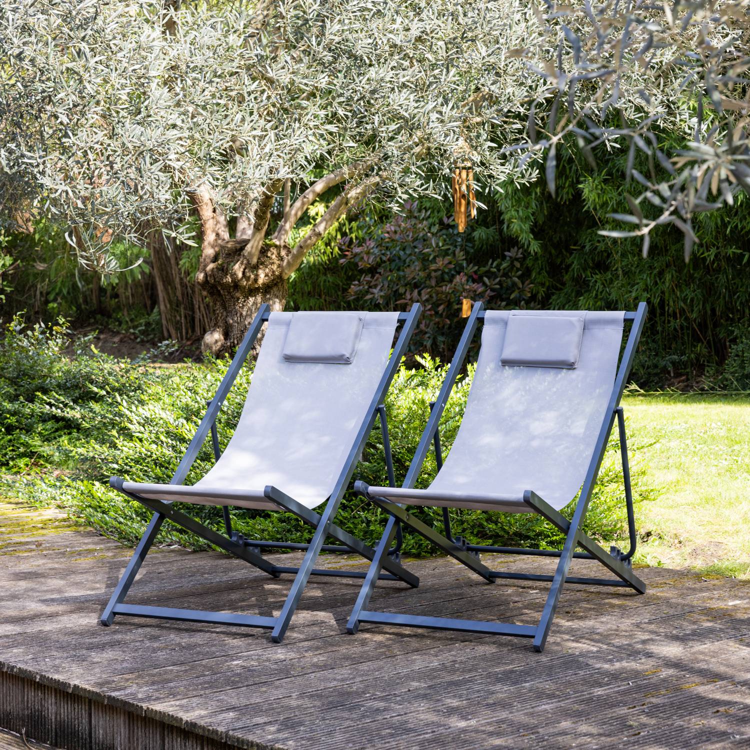 Lot de 2 chiliennes CYPRUS - textilène gris/structure anthracite - HAPPY GARDEN - Imagen 2