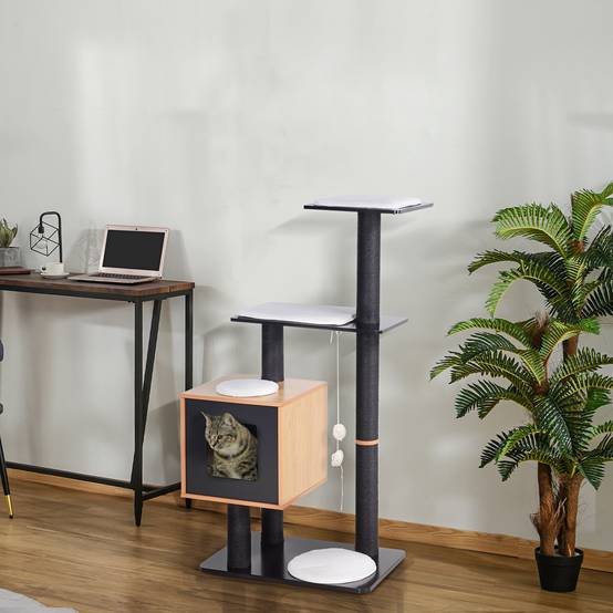 Arbre à chats contemporain,griffoirs sisal,niche,plateformes,boules suspendues,71.5x49.5x120 cm,MDF,noir/hêtre - Image 4