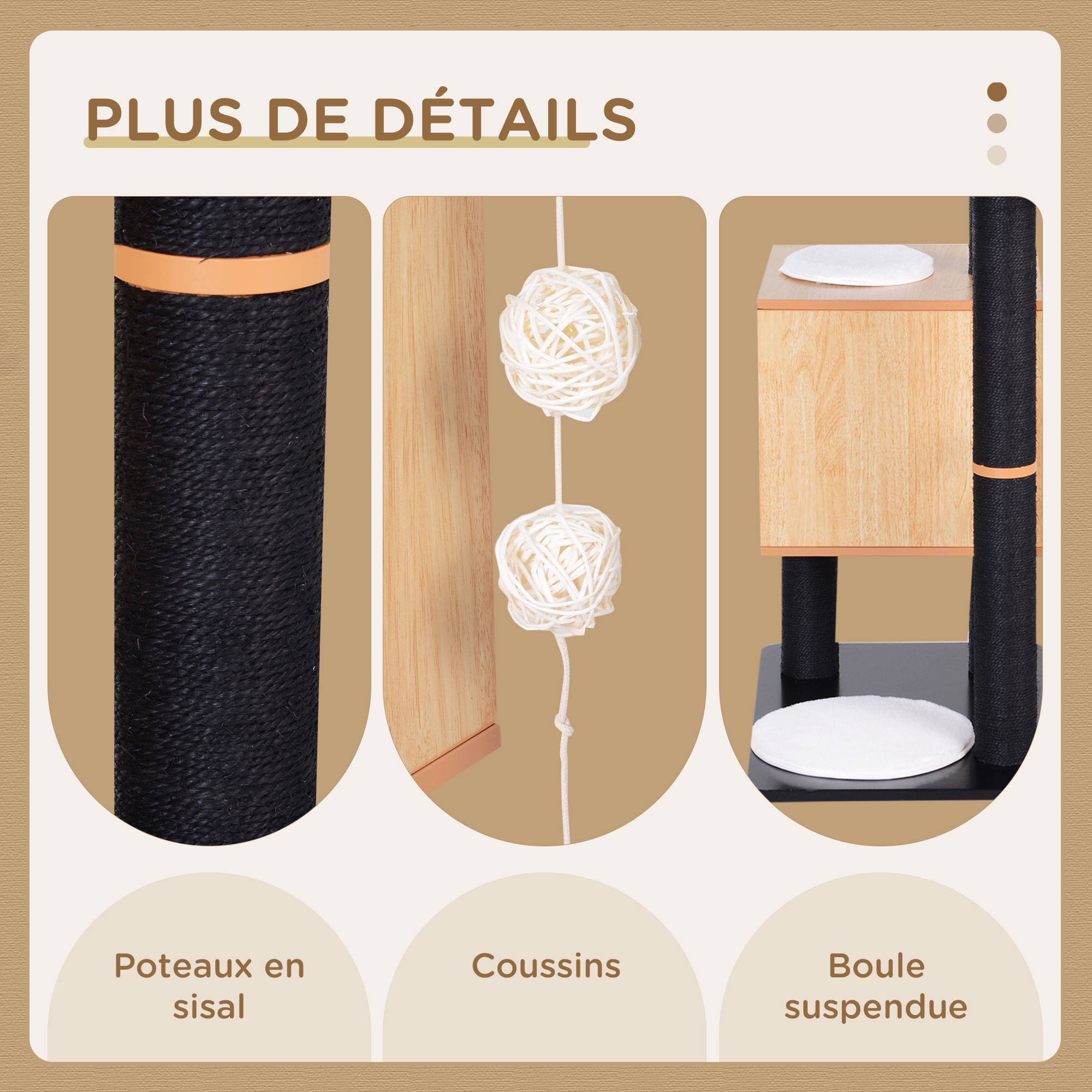 Arbre à chats contemporain,griffoirs sisal,niche,plateformes,boules suspendues,71.5x49.5x120 cm,MDF,noir/hêtre - Image 7