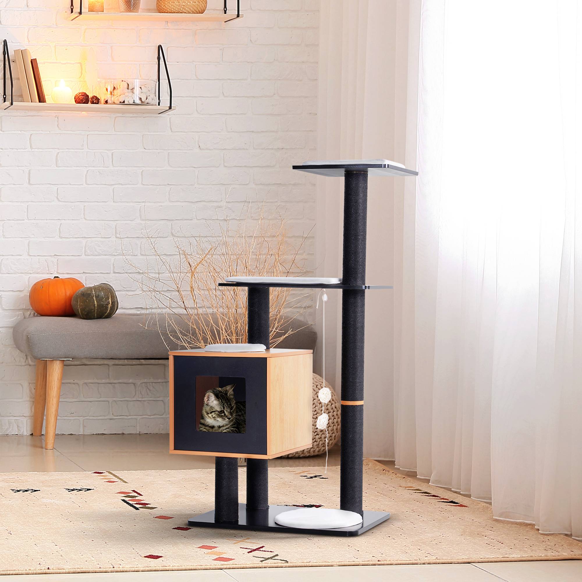 Arbre à chats contemporain,griffoirs sisal,niche,plateformes,boules suspendues,71.5x49.5x120 cm,MDF,noir/hêtre - Image 3