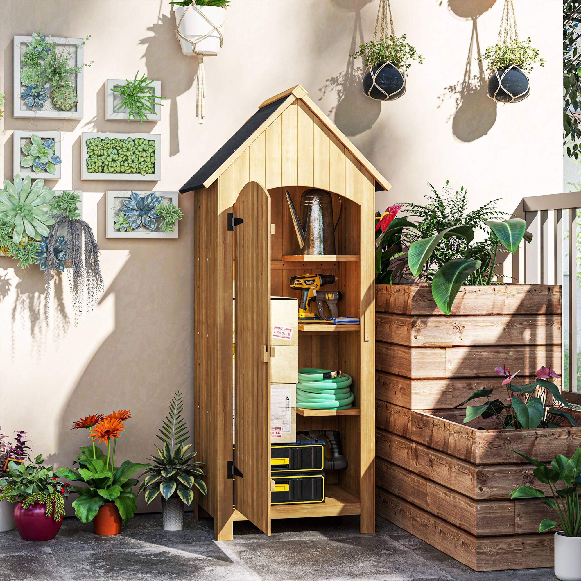 Outsunny - Abri de jardin armoire extérieur en bois 77,5x54,2x179,5cm toit bitumé 3 étagères porte loquet rangement terrasse naturel - Outsunny - Image 4