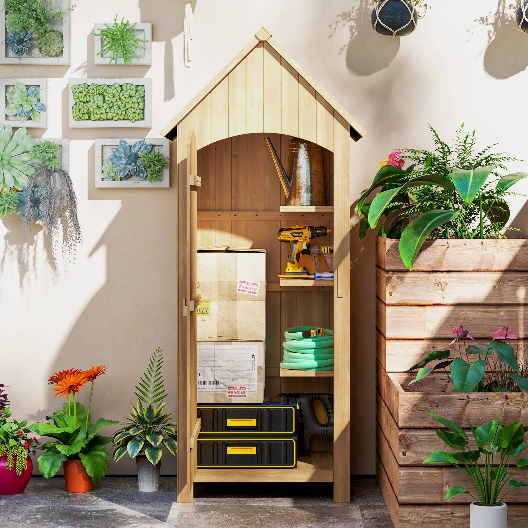 Outsunny - Abri de jardin armoire extérieur en bois 77,5x54,2x179,5cm toit bitumé 3 étagères porte loquet rangement terrasse naturel - Outsunny - Image 5